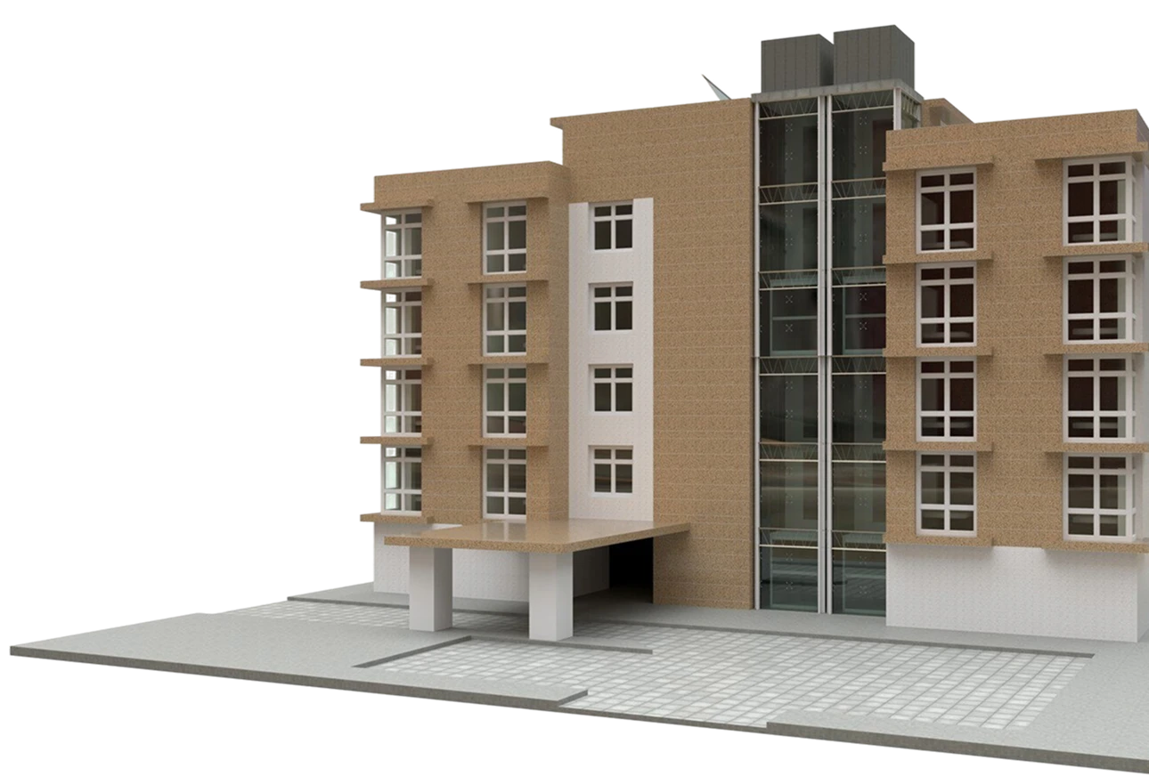 small white beige condominium with elevator garage 3d rendering