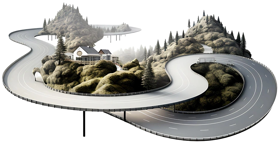 winding road with two lanes wraps around small forested island with house middle isolated white background