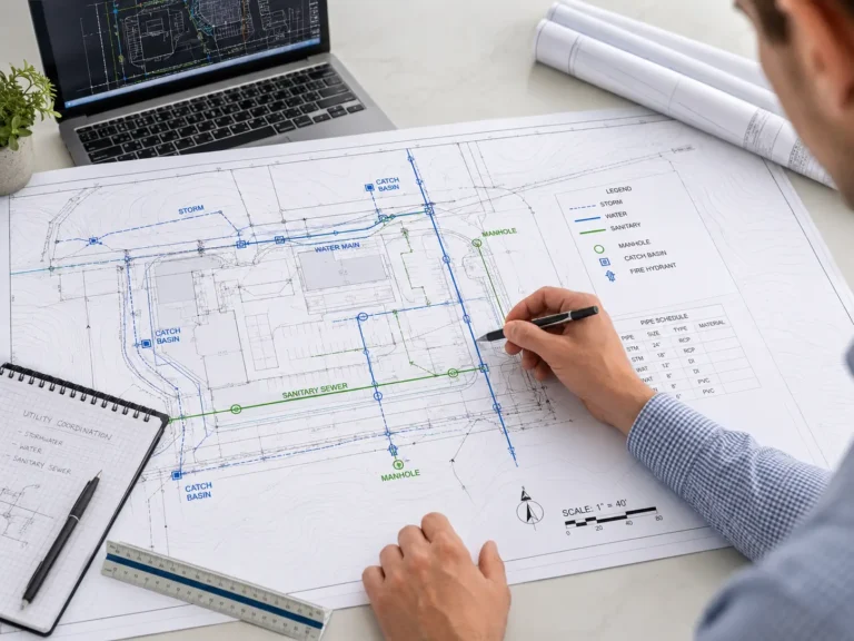 Stormwater water and wastewater systems for civil site design