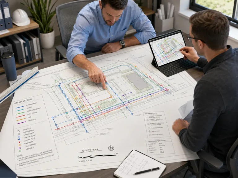Remote civil engineers coordinating utility layout and site planning
